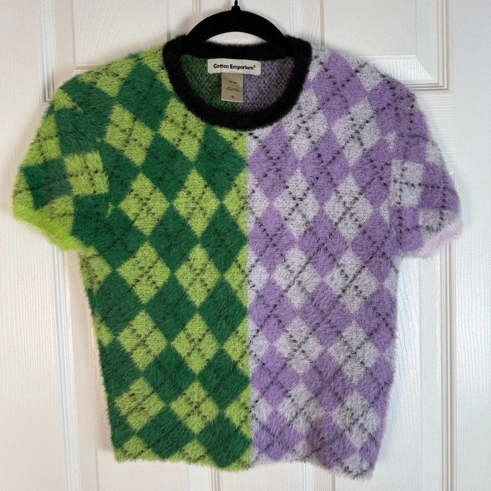Cotton Emporium Kids Fuzzy Argyle Green and Purple Crewneck Sweater